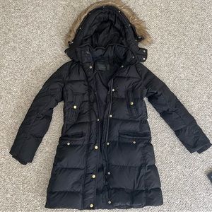 J crew women’s full length puffer jacket with faux fur hood